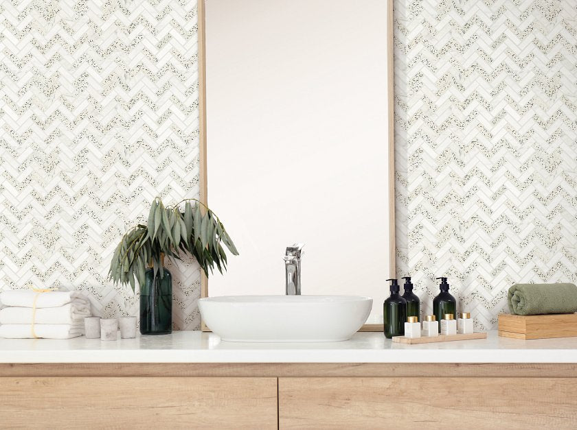 NOBLE PURSUIT 1X3 HB WHITE TERRAZZO ROOM
