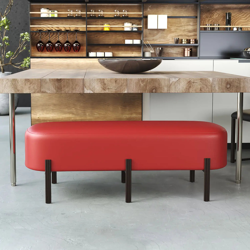 Alexa Bench Shown in Matte Black Finish with Dillon Lipstick Vynil in a modern bright industrial kitchen