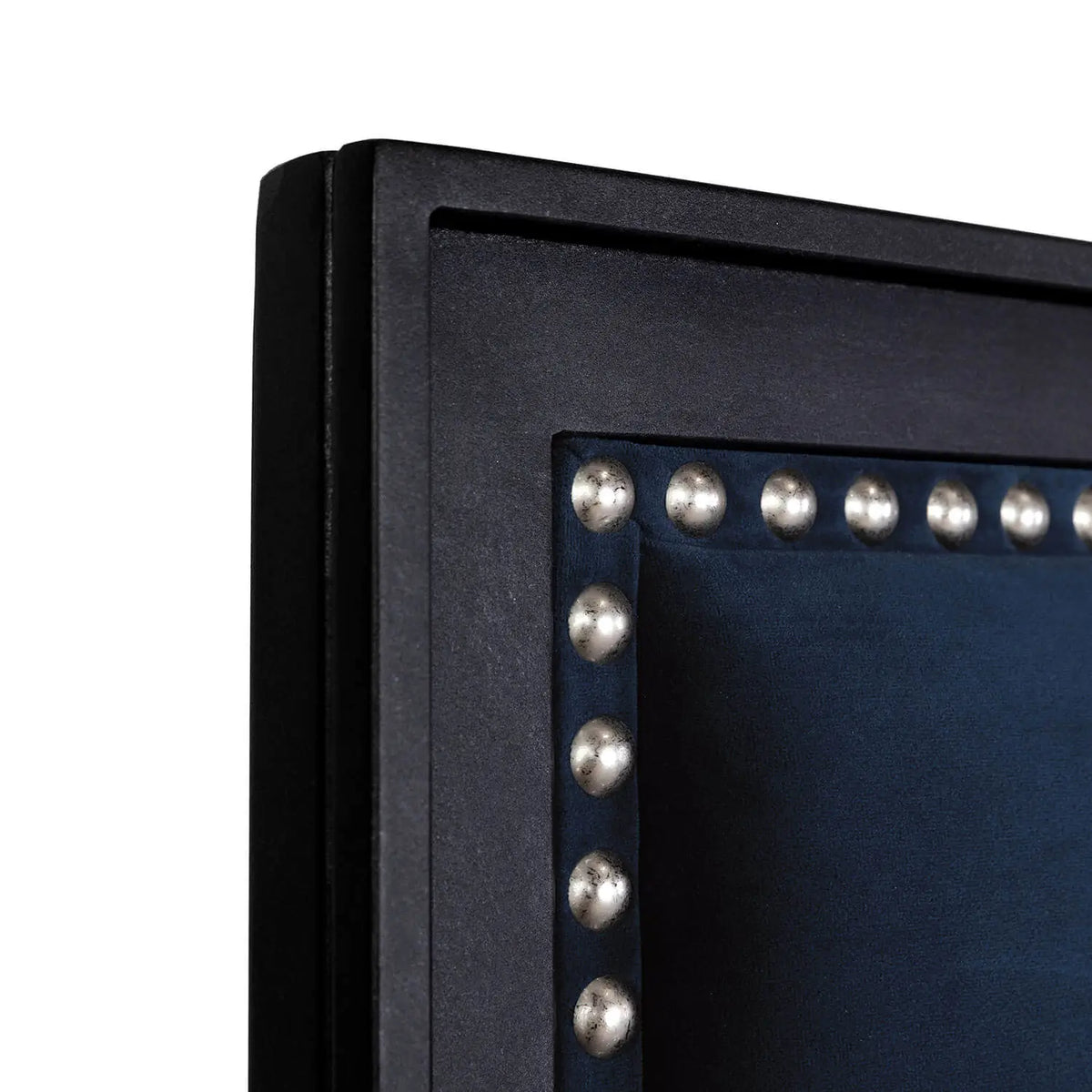 Avery 1231 queen HBFS Aged Iron Finish with Chronicle Navy Fabric Headboard Closeup