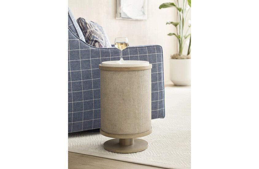 ROUND LINEN CHAIRSIDE TABLE Room 1
