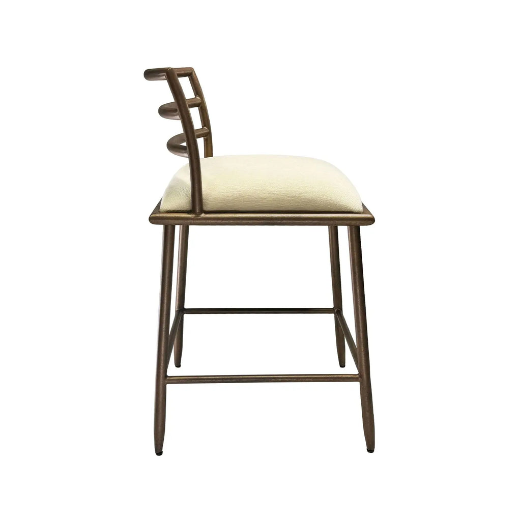 A side view of the Harmony Barstool in Copper Bisque finish with Chalk fabric.
