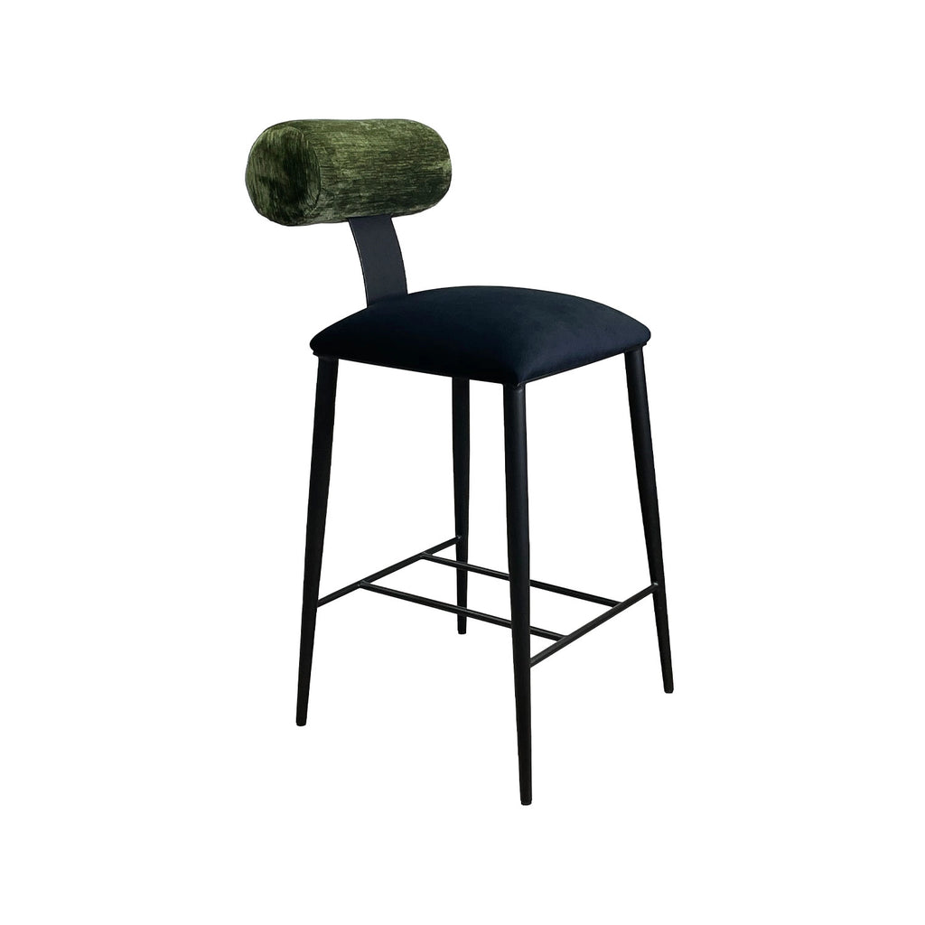 Luca barstool in Black Suede finish with the backrest in Forest Green fabirc and the seat in Black Velvet Performance fabric.