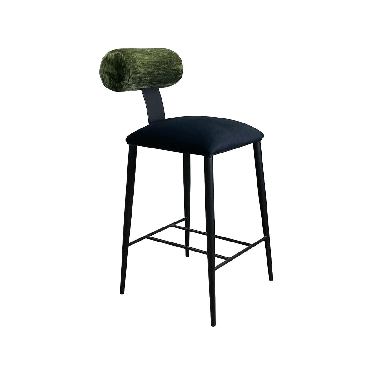 Luca barstool in Black Suede finish with the backrest in Forest Green fabirc and the seat in Black Velvet Performance fabric.