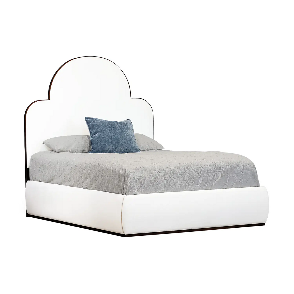 Marigold 1271 Upholstered Bed shown in Sun Bronze finish with Royal White Performance fabric.