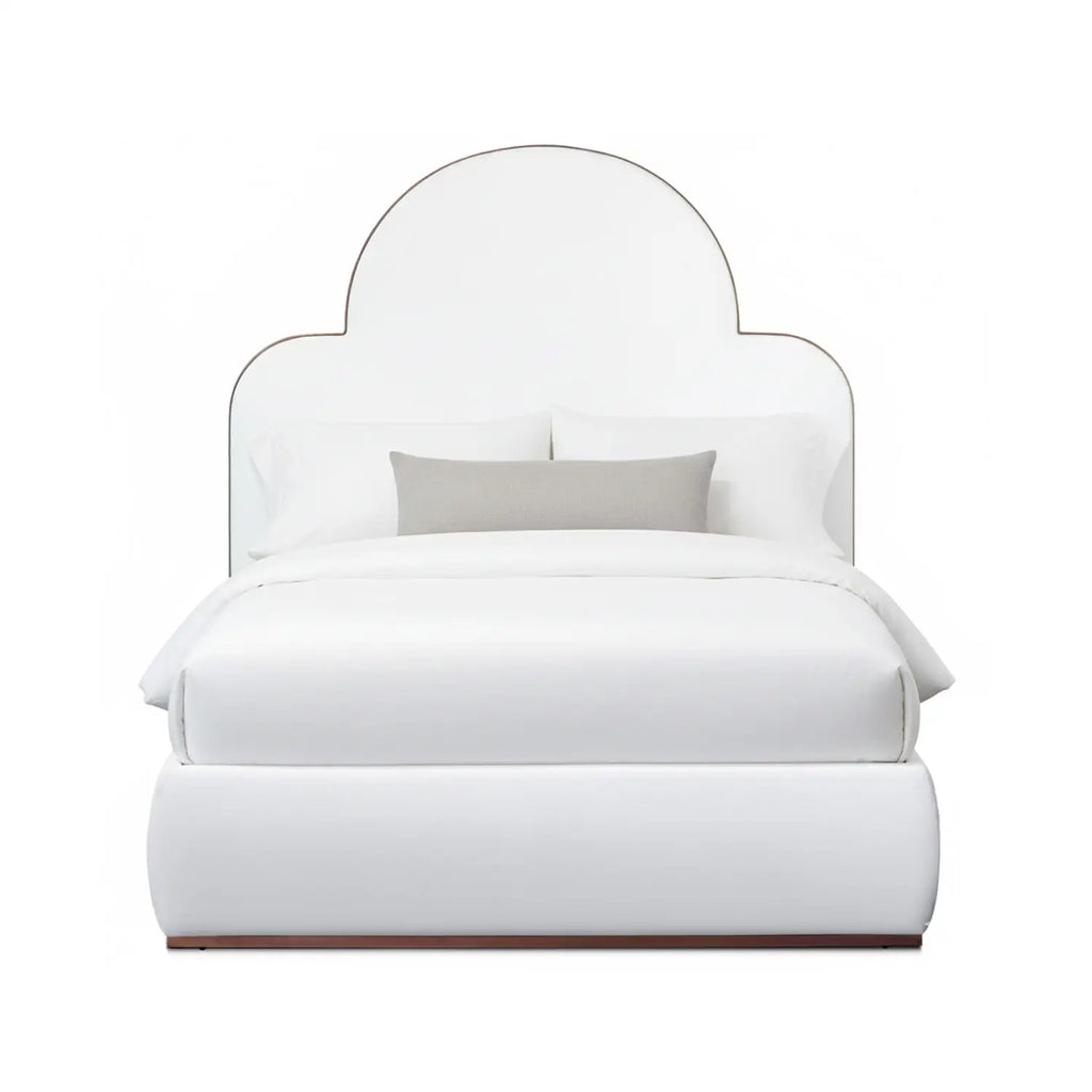 Marigold 1271 Upholstered Bed shown in Sun Bronze finish with Royal White Performance fabric.