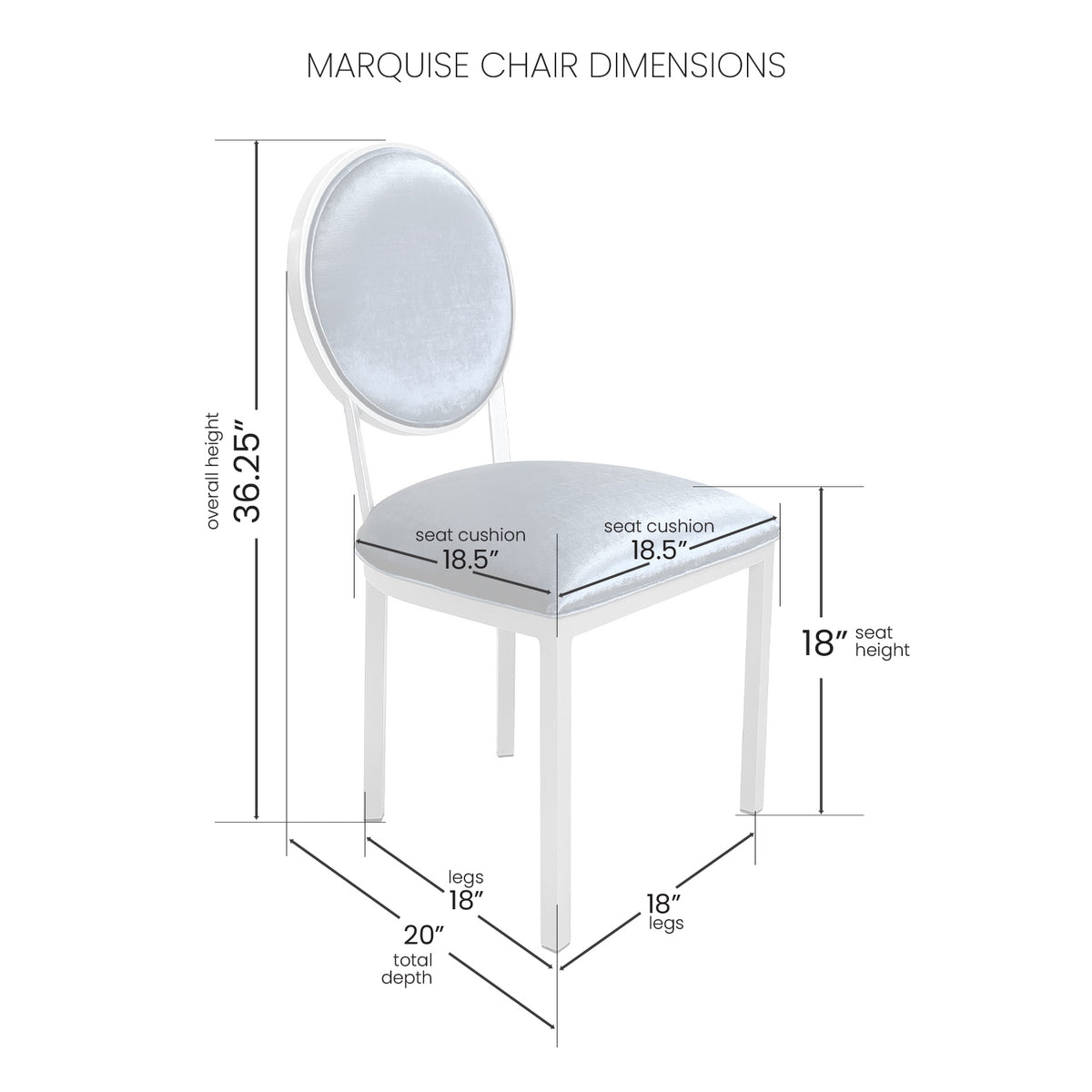 MarquiseChair DC302H18 PlatinumGrayFinish PoshBlueFabric Dimensions