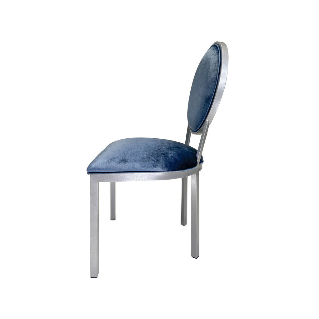 Marquise Chair in Platinum Gray finish with Posh Blue fabric side view