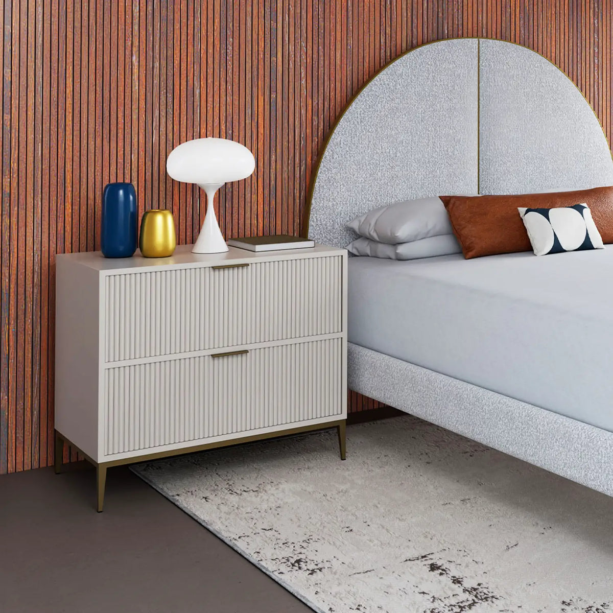 Nova Nightstand shown in Vanilla Bean Wood Finish with Brass Bisque Finish for the hardware. Shown with the Oliver bed.