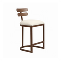 Orion iron barstool shown in Opaque Copper Finsih with Chalk Performance Fabric. Shown in angle view of the barstool.