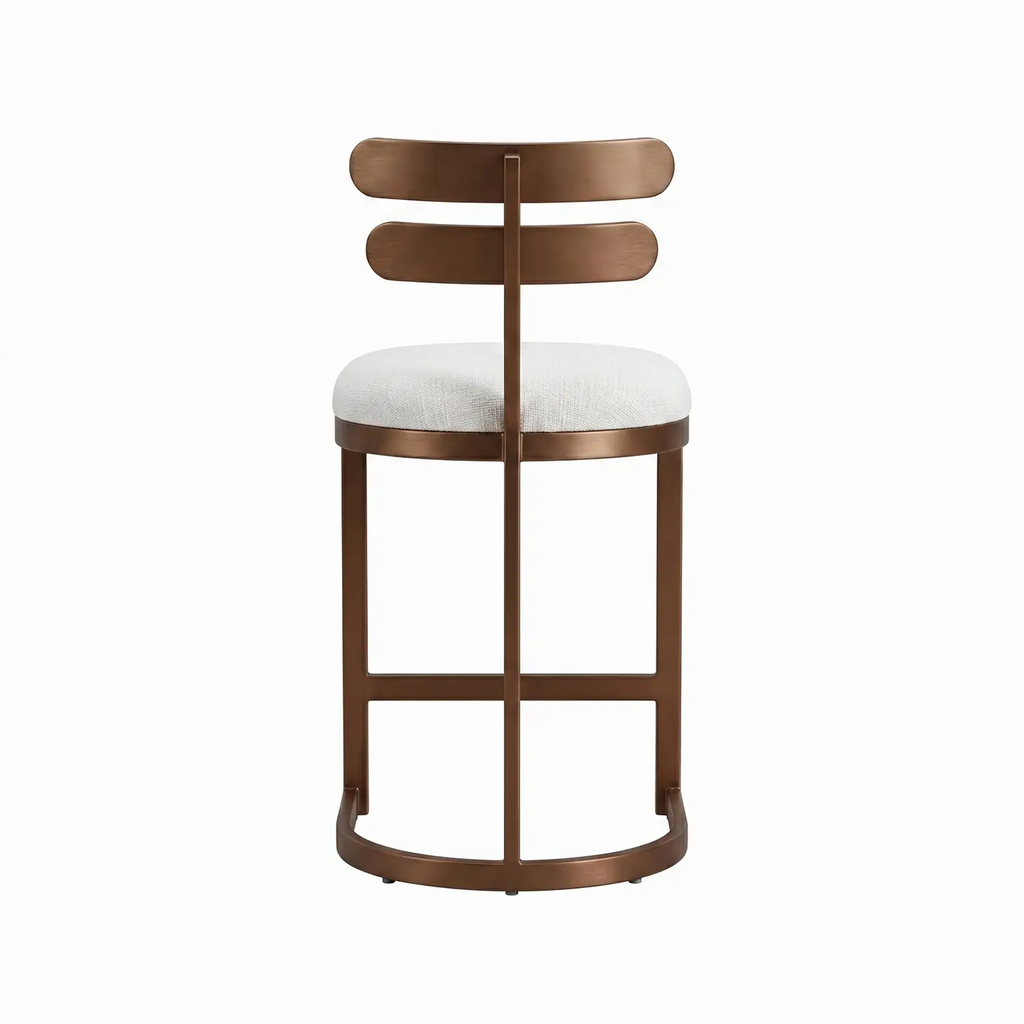 Orion iron barstool shown in Opaque Copper Finsih with Chalk Performance Fabric. Shown in back view of the barstool.