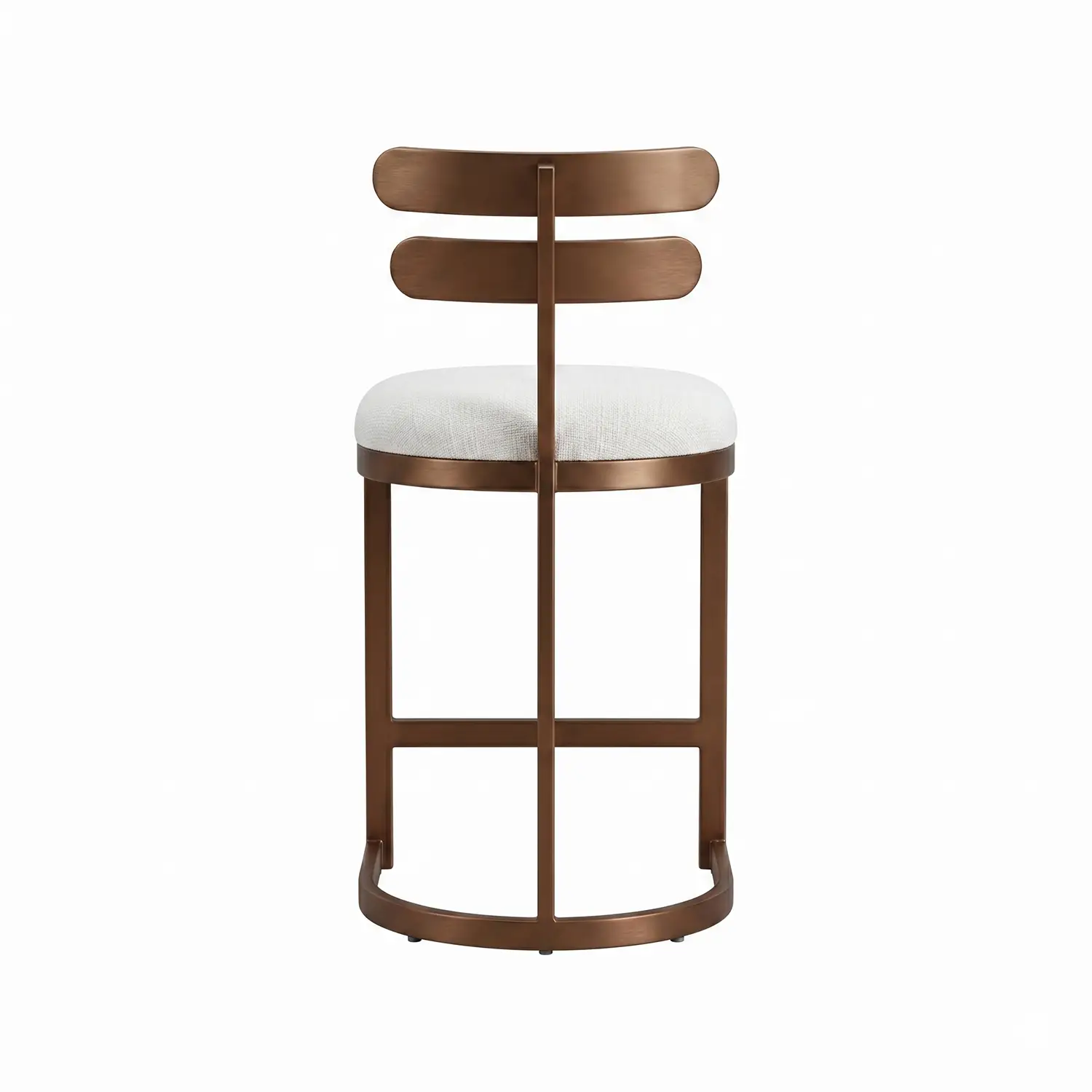 Orion iron barstool shown in Opaque Copper Finsih with Chalk Performance Fabric. Shown in back view of the barstool.