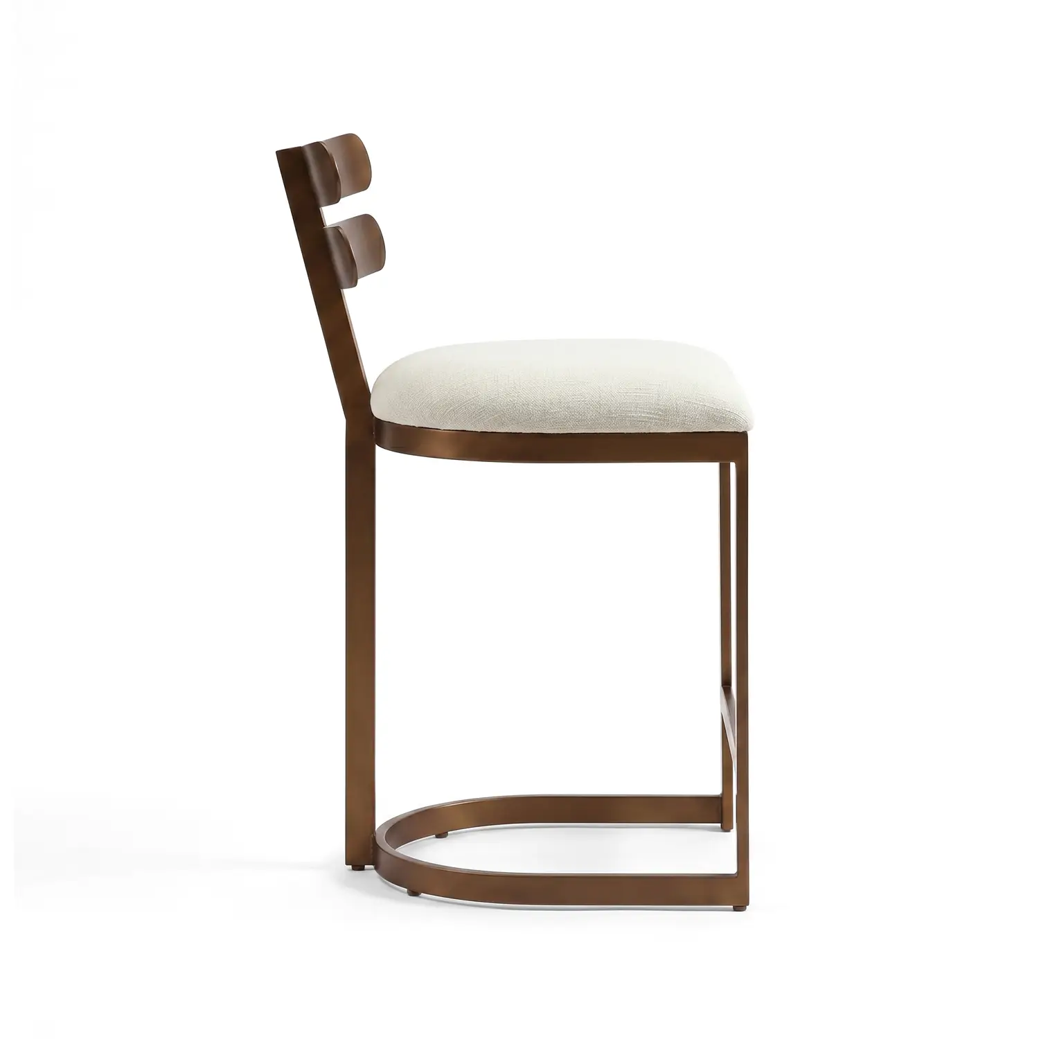 Orion iron barstool shown in Opaque Copper Finsih with Chalk Performance Fabric. Shown in side view of the barstool.