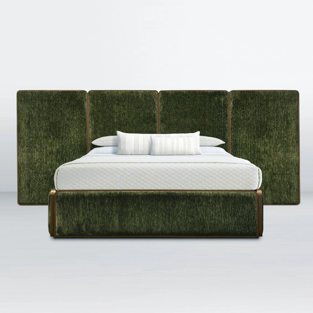 Front view of the River bed in Hand Brushed Copper Bliss Finish with Forest Green Fabric.