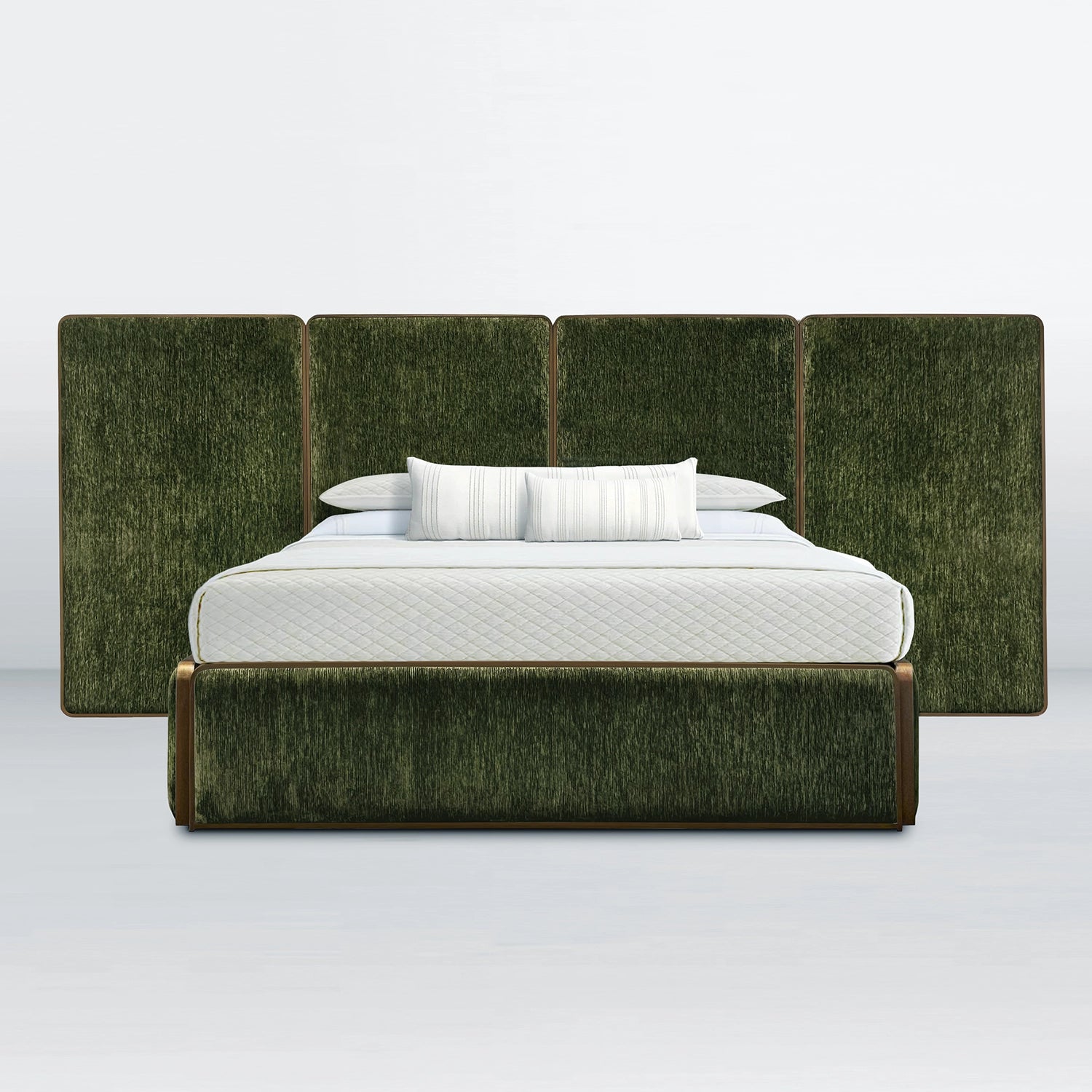 Front view of the River bed in Hand Brushed Copper Bliss Finish with Forest Green Fabric.