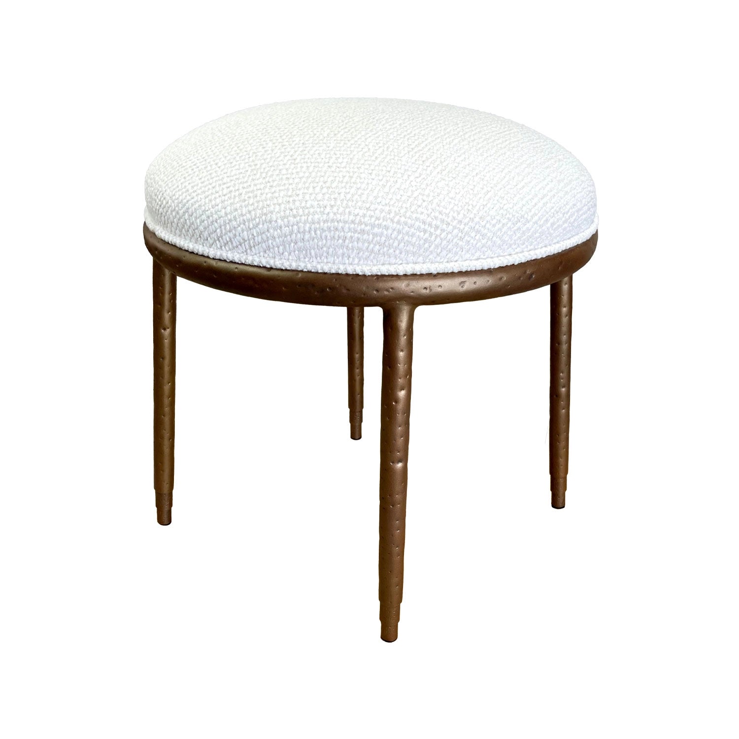 Royce Ottoman Image. Shown in Hand Hammered Copper finish with French Ivory Performance fabric.