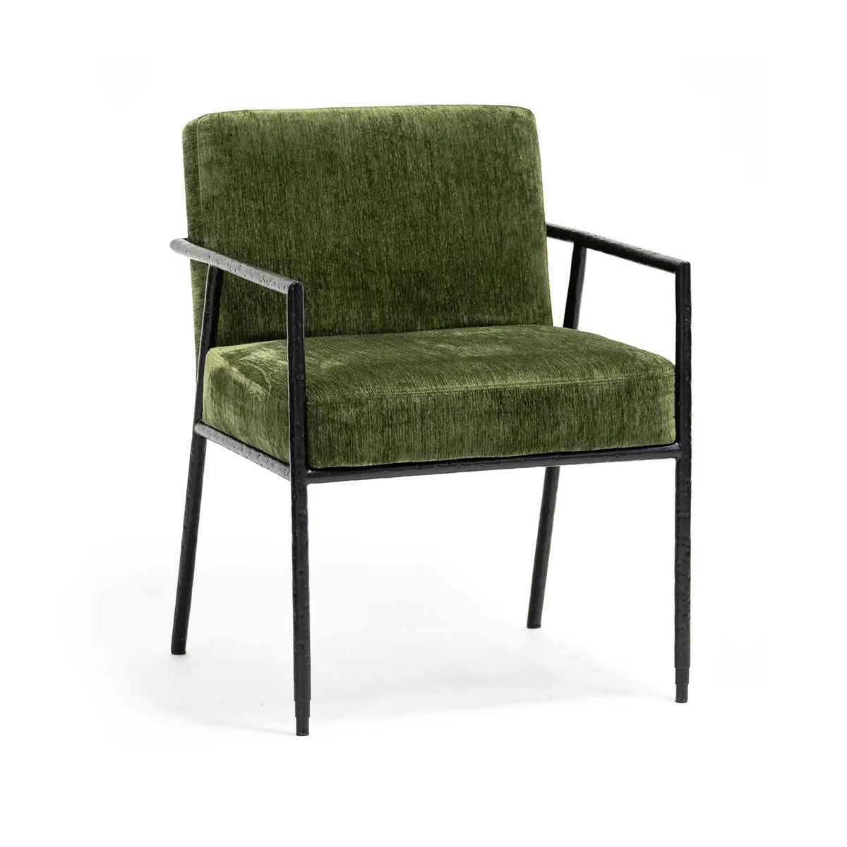 Royce Chair Hand Hammered Black Finish Forest Green Fabric. Angle view.