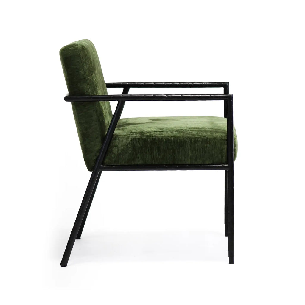 Royce Chair Hand Hammered Black Finish Forest Green Fabric. Side view.