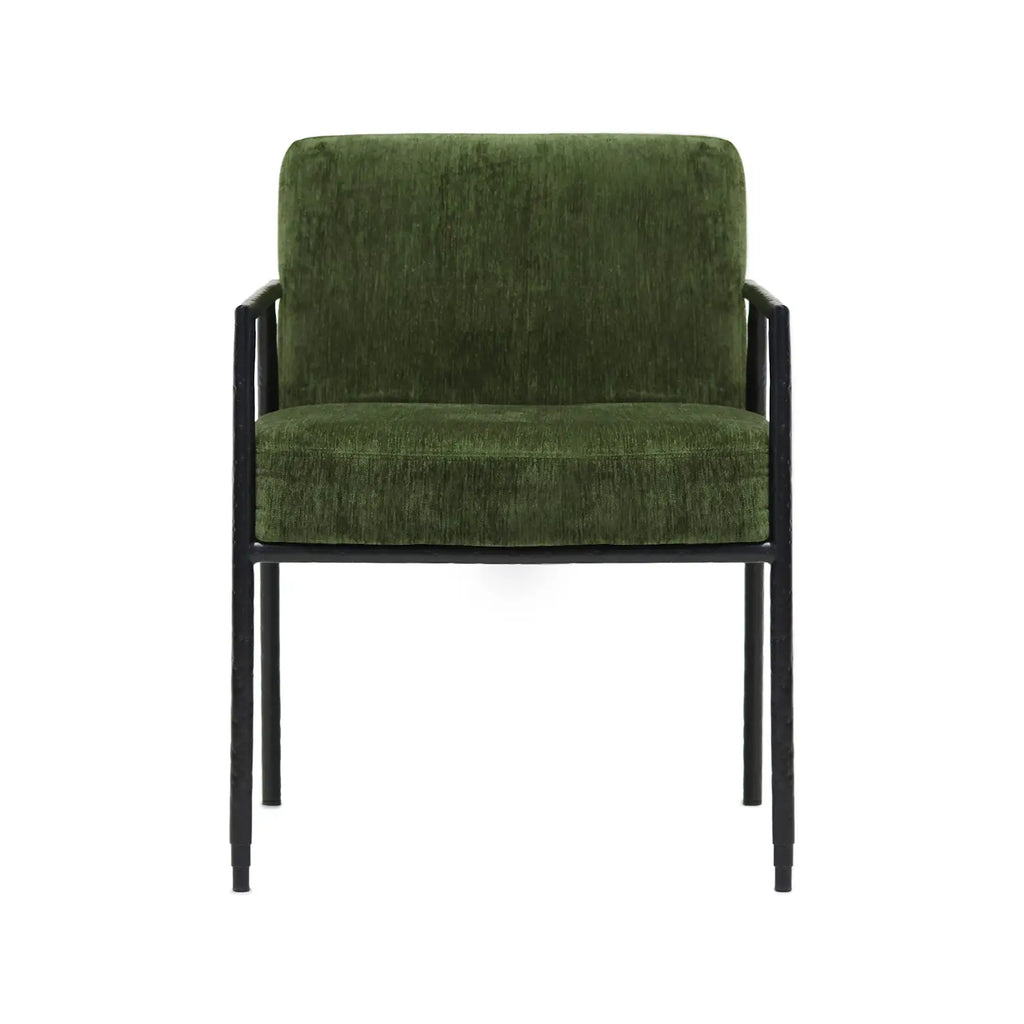 Royce Chair Hand Hammered Black Finish Forest Green Fabric. Front view.