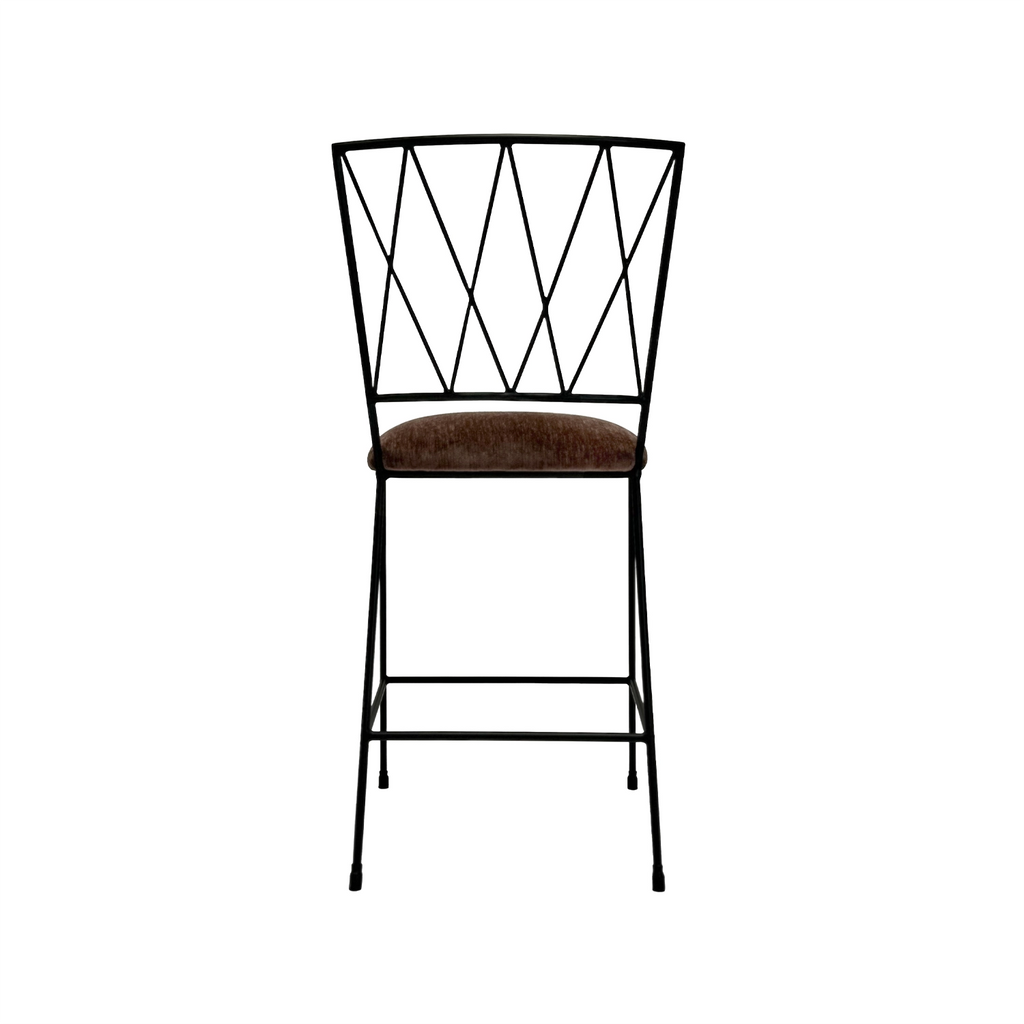 This is a back view of the Stella Barstool in Matte Black Finish with Forest Oak Fabric.