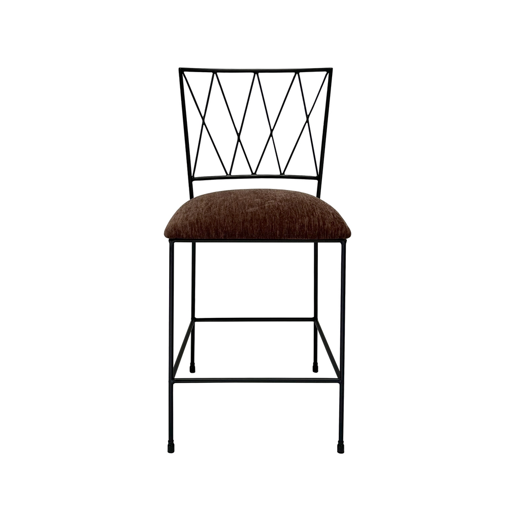 This is a front view of the Stella Barstool in Matte Black Finish with Forest Oak Fabric.