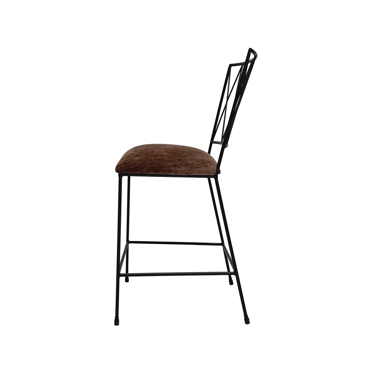 This is a side view of the Stella Barstool in Matte Black Finish with Forest Oak Fabric.