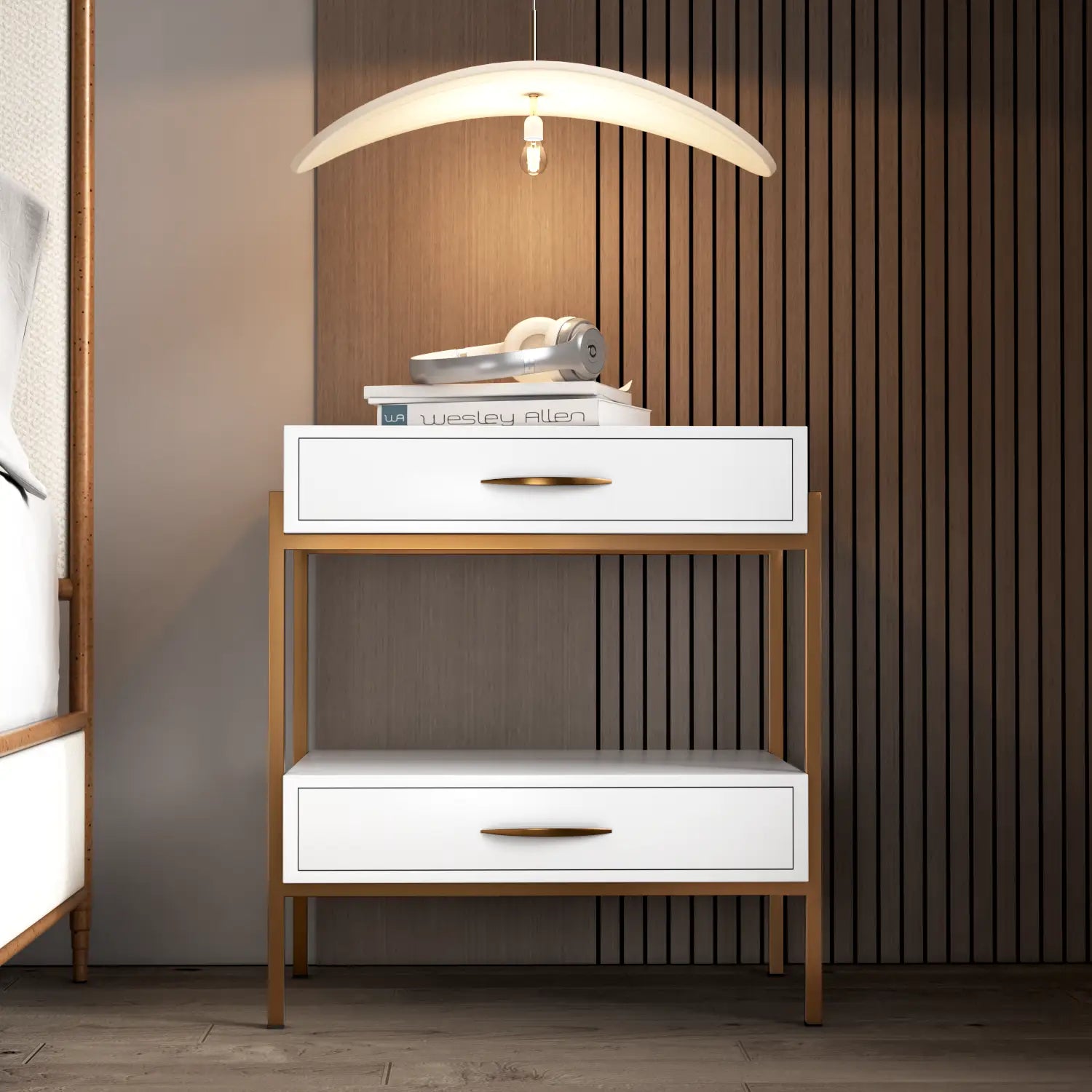 Toki Nightstand shown in Vanilla Bean Wood Finish with Opaque Copper Finish for the hardware.