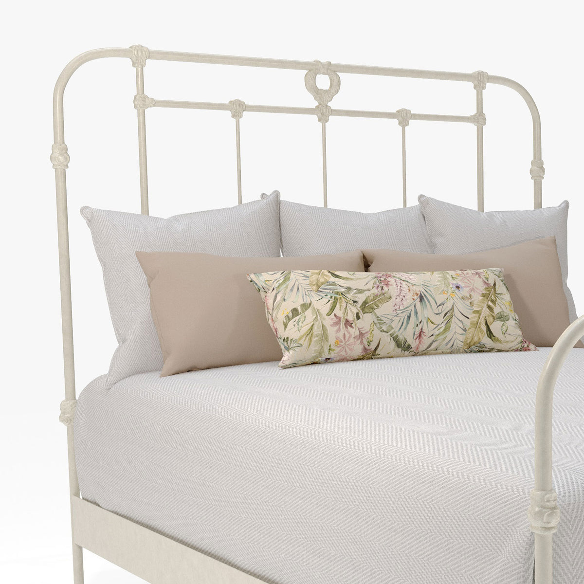 Wellington 1057 Headboard closeup shown in Rustic Ivory Finish.