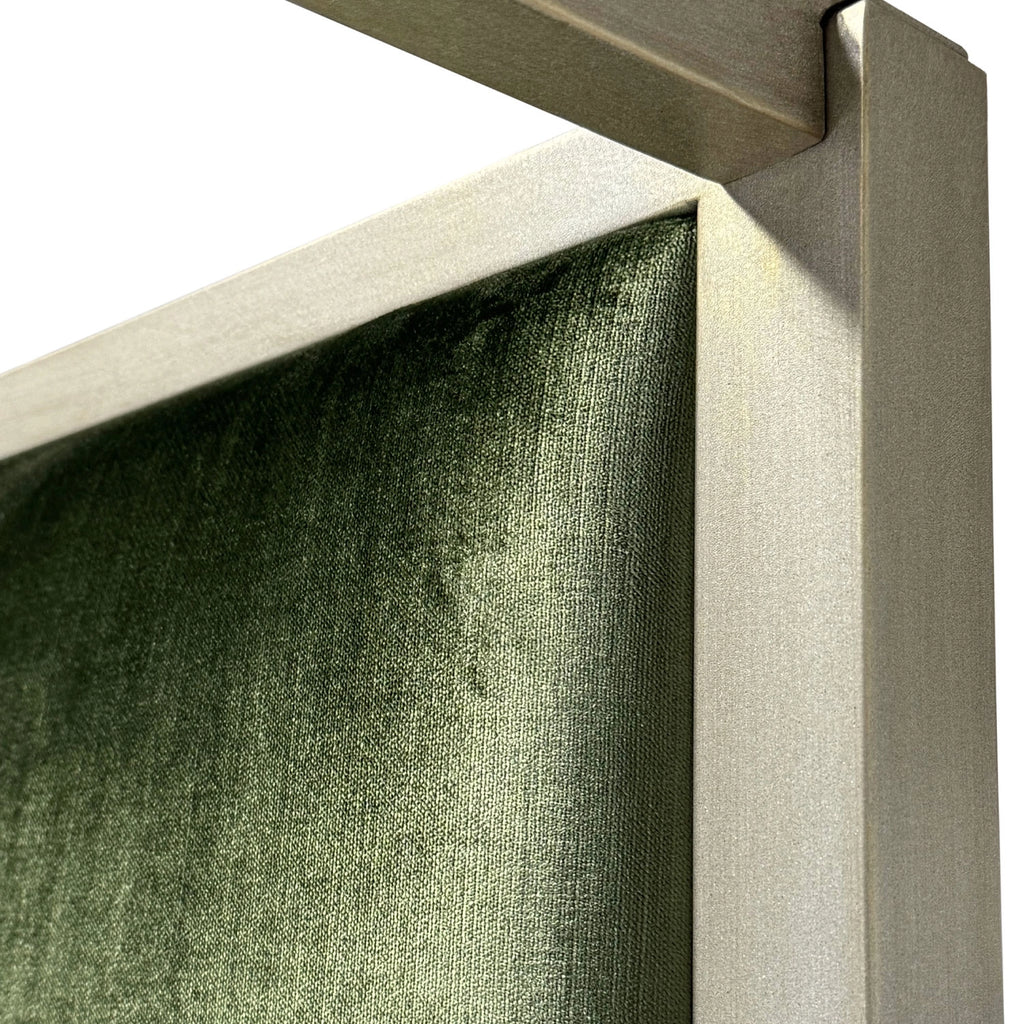 WesleyAllen Lyanna 1700 HBFS Queen HandBrushedChampaigneFinish PoshGreenVelvetFabric closeup 1