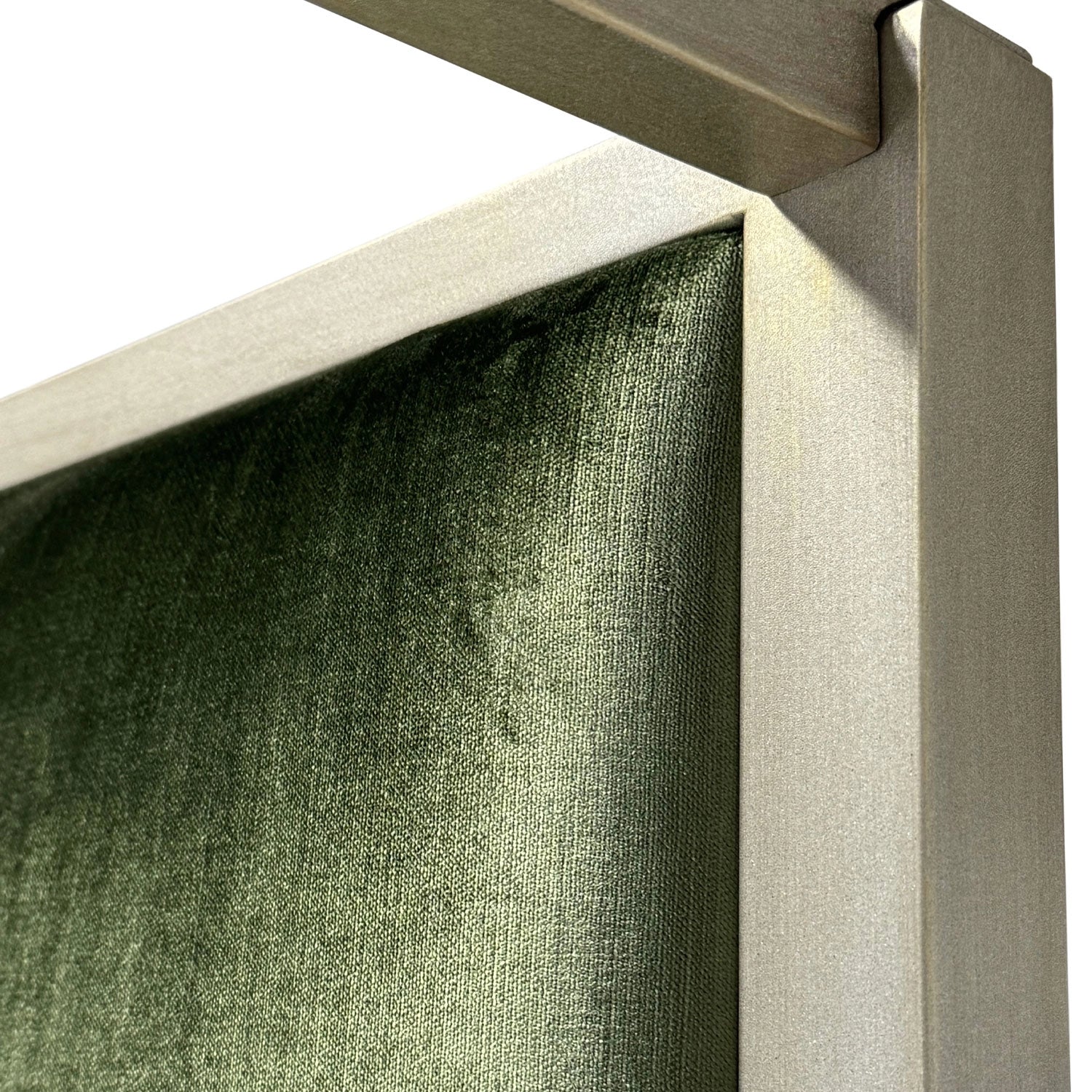 WesleyAllen Lyanna 1700 HBFS Queen HandBrushedChampaigneFinish PoshGreenVelvetFabric closeup 1