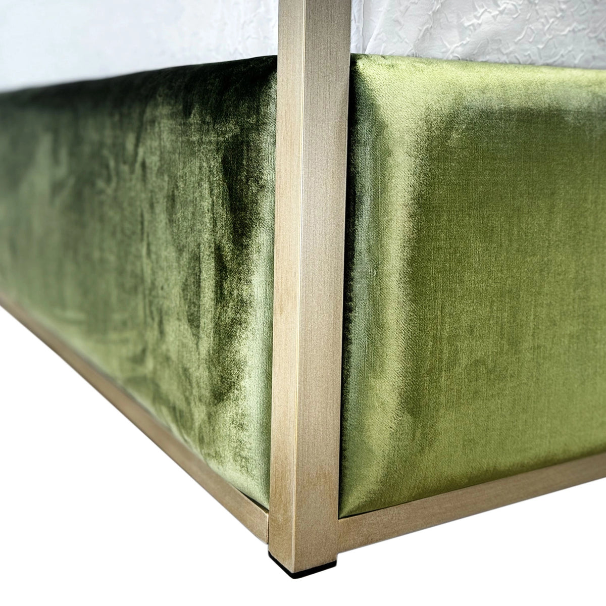 WesleyAllen Lyanna 1700 HBFS Queen HandBrushedChampaigneFinish PoshGreenVelvetFabric closeup 2